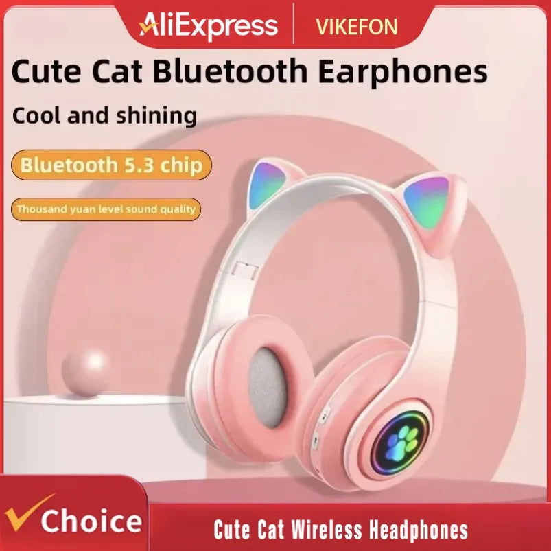 Wireless Cat Ear Bluetooth Headphones – LED Lights & Mic